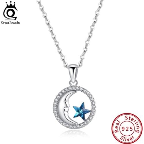 ORSA JEWELS 925 Sterling Silver Cute Moon and Star Austria Crystal Pendants Necklace 2021 Trendy Womens Pendant Jewelry SWN15