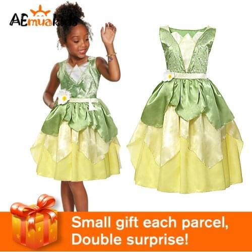 4-7 Years Girls Princess Kids Dress Frog Clothes Kid Summer Green Party Dress A Line Frock Fancy Princess Cosplay Costume