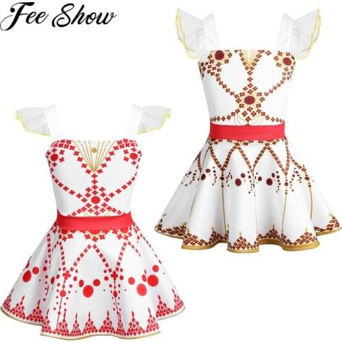 Princess Ballerina Performance Dresses Kid Girls Ruffled Puff Sleeves Square Neckline Printed Ballet Dance Summer Dresses