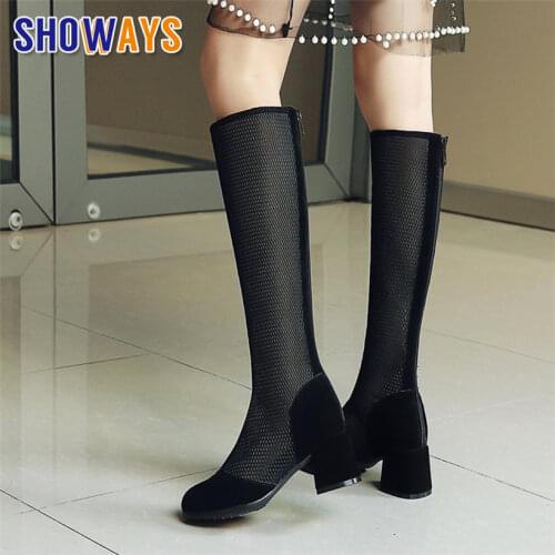 Fashion Summer Women Knee-high Boots Cool Net Mesh High Square Hoof Heel Black Casual Club Sexy Lady Round Toe Zipper Long Boots