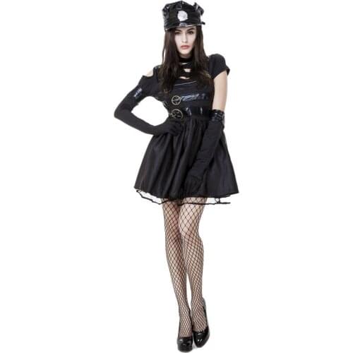 Adult Women Gothic Sexy Police Officer Cops Costume Dark Black Sexy Mini Dress Playful Temptation Uniform For Girls Plus Size