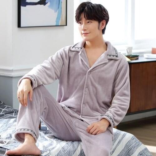 Middle-aged and elderly large size loose Pajamas mens autumn winter home service long-sleeved flannel suit gray Nightgown