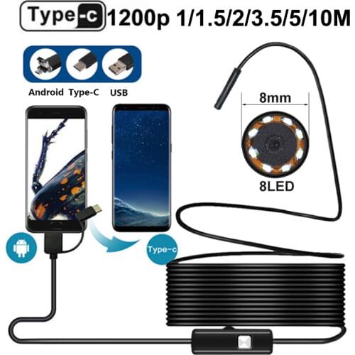 1200P USB Endoscope Camera 8mm Lens Hardwire Softwire Cable Waterproof 8mm Lens Inspection Borescope For Iphone Android Type-C