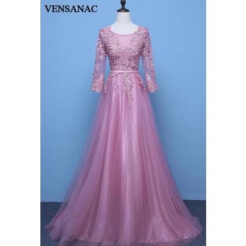 VENSANAC 2018 O Neck Lace Appliques A Line Long Evening Dresses Backless Long Sleeve Party Lace Sash Crystals Prom Gowns