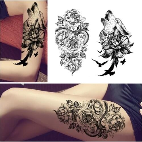 Waterproof Temporary Tattoo Sticker Dark Snake Tattoos Flower Tatoos Body Art Geisha Water Transfer Clavicle Arm Fake Tatto