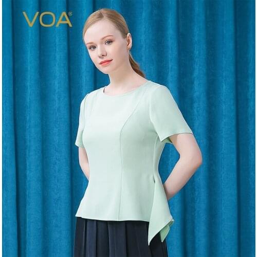 VOA Silk 30m/m Heavy Mint Green Irregular Hem Stitching Short Sleeve Pendant Round Neck Fashion Temperament Woman Tshirts BE526