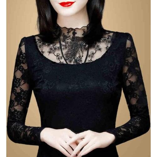Hollow Out Women Spring Autumn Style Lace Blouses Shirts Casual Long Sleeve Patchwork Spliced Turtleneck Blusas Tops DD2600