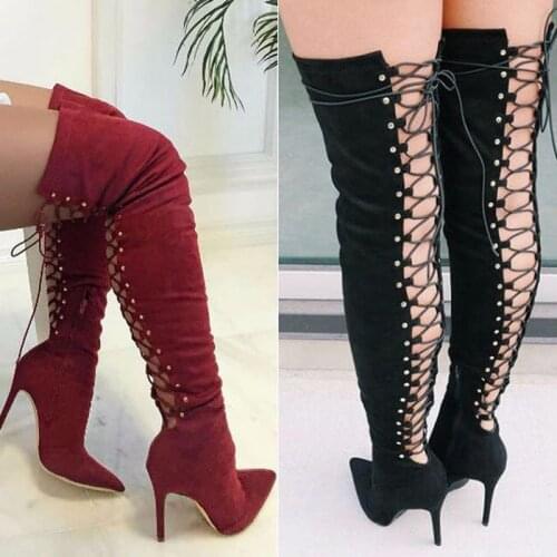 Ladies Fashion Pointed Toe Black Red Suede Leather Back Cut-out High Heel Over Knee Boots Lace-up Long Gladiator Boots