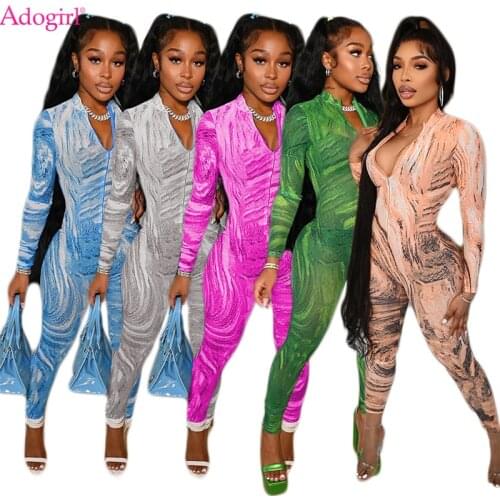 Adogirl Aesthetic Print Bodycon Jumpsuit Women Fashion Stretchy Overalls Zipper Long Sleeve Skinny One Piece Clothing Streetwear