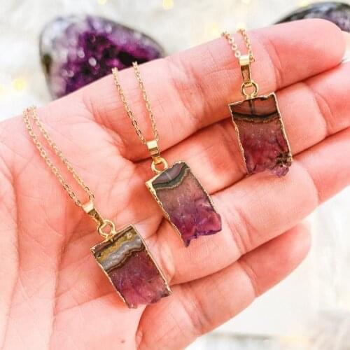 WT-N1299 Wholesale Fashion gold trim Natural Brazil slice Amethyst necklace long square polish small Amethyst stone necklace