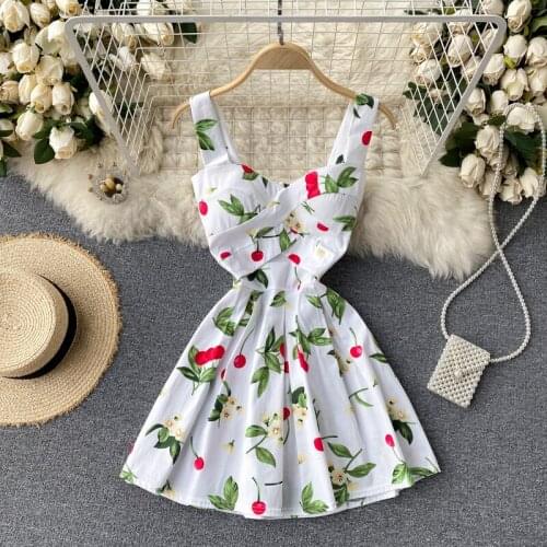 2021 Womens Summer Dress French Retro V-neck Print Sleeveless Short Suspender Dress New Waist Slim Feamle Dresses DE673