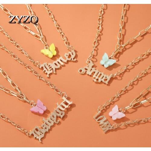 ZYZQ Double Acrylic Butterfly Necklace Fashion Alphabet Angel Pendant Babygirl English Alphabet Necklace