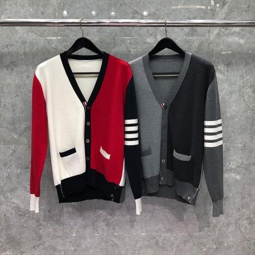 2020 Fashion Brand Sweaters Men Slim Fit V-Neck Cardigans Clothing Patchwork Striped Cotton Autumn Winter Casual Coat