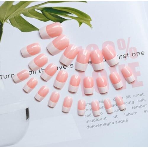 24pcs Light Pink Color French Style Fake Nails Full Cover Detachable Wedding Bride False Nail Tips Manicure Tool With Glue