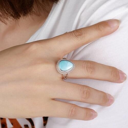 925 Sterling Silver Natural Gemstones Larimar Big Ring Retro Design Classic Simple Female Jewelry for Women Dating