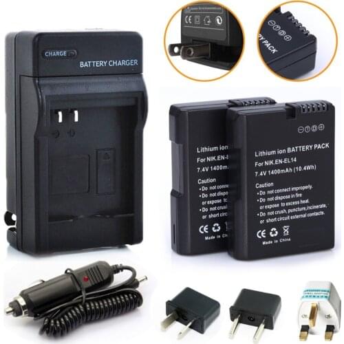 2Pcs EN-EL14 EN EL14 Repalcement Batteries +Charger +Car Charger + Plug For Nikon Coolpix P7000 P7100 D3100 D3200 D5100 1400mAh