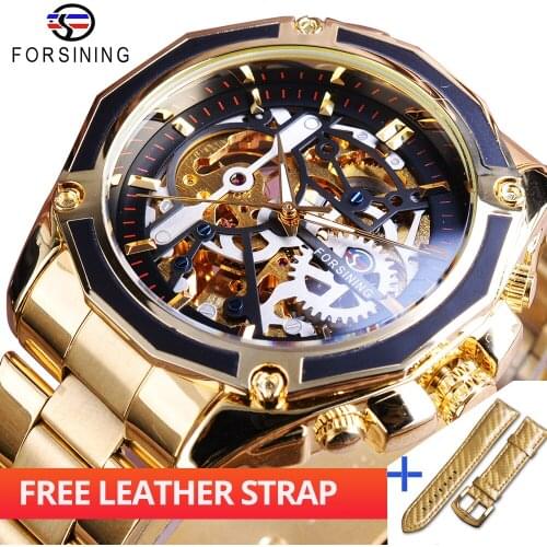 Forsining Watch + Band Set Combination Collection Transparent Golden Steel Strap Skeleton Luxury Men Top Brand Automatic Watches
