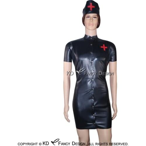 Black And Red Cross Sexy Latex Uniform Sets Rubber Dresses With Headgear Buttons At Front LYQ-0011