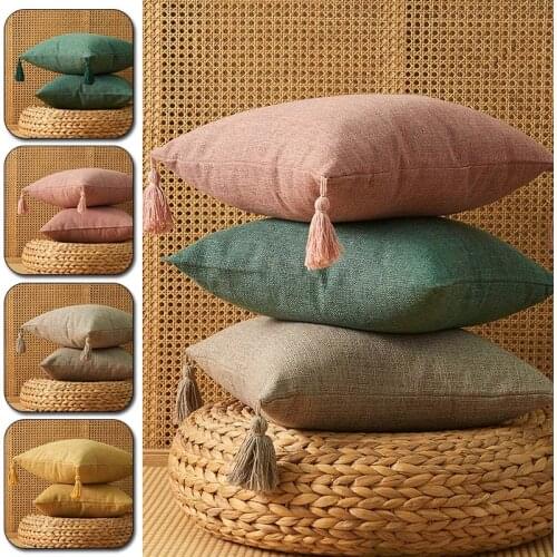 Solid Plain Linen Cotton Pillow Cover with Tassels Yellow Beige Home Decor Cushion Cover 45x45cm Pillow Case Sofa Throw Pillows