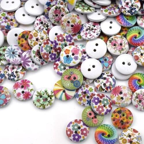50PCS 15mm Flower Pattern Round Shaped Wooden Button Mixed Wood Buttons 2 Holes Sewing Accessories for Clothes DIY Craft