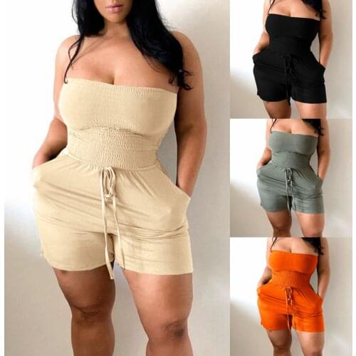 Summer Women Ruched Off Shoulder Lace-up Romper 2021 Femme Plain Sleeveless Short Skinny Jumpsuit y2k Office Lady Clothing traf