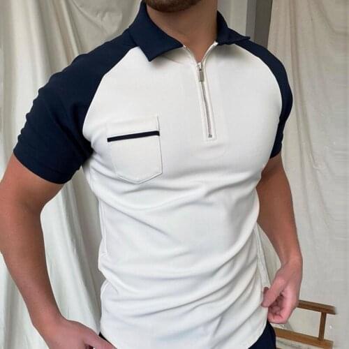 Men T-shirt Color Block Zipper Summer Loose Lapel Pocket Top Casual Polos Shirts Summer Male Solid Color Pullover Tops T-shirt