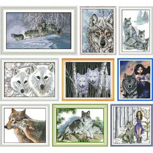 Joy Sunday Embroidery Needlework Wolf and Girl Cross Stitch Kit Stamped Thread Gift DMC 11CT 14CT Print Counted Fabric Craft Set