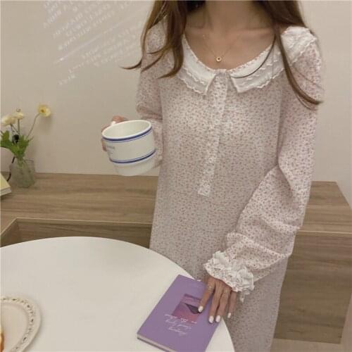 Ruffles Floral Print Sleepwear Kawaii Homewear Korean Nightgown Long Midi Dress Cotton Loose Japan Casual Homewear Buttons 2021