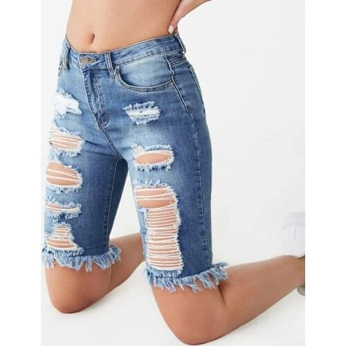 2021 New Weigou Fashion Summer Casual Women High Waist Denim Shorts Ripped Holes Skinny Stretch Shorts Jeans femme