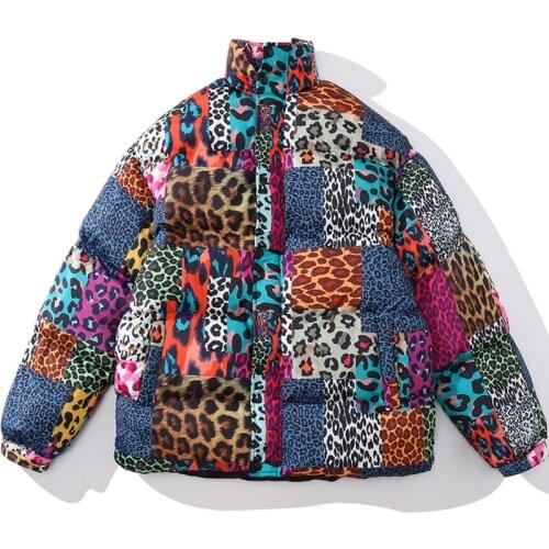 Stitching Harajuku Men Puffer Parka Leopard Color Mixing Printing Warm Jacket Thicken Outerwear Fashion Streetwear Tops Male