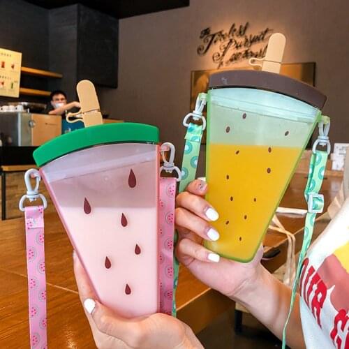 Plastic Water Bottles Cute Watermelon Ice Cream Water Bottle With Straw Bottle Anti-Fall Portable Popsicle Cup Kids Water