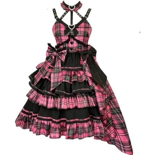 New Harajuku Gothic Women Fashion Asymmetric Bow Pink Plaid Dress Female Lolita Temperament Slim Sweet Kawaii Dress Cool Girl
