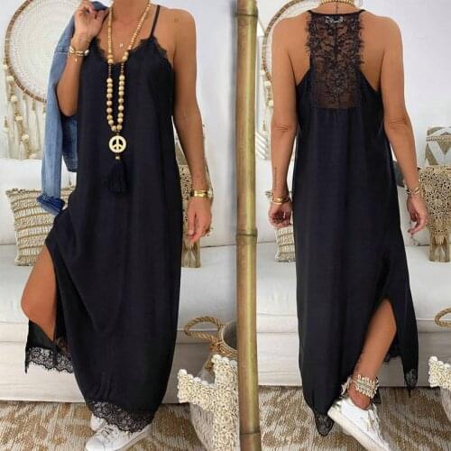 Sexy Black Lace Patchwork Strap Maxi Dress V Neck Sleeveless Side Split Women Summer Dresses Casual Beach Dress Loose Robe Femme