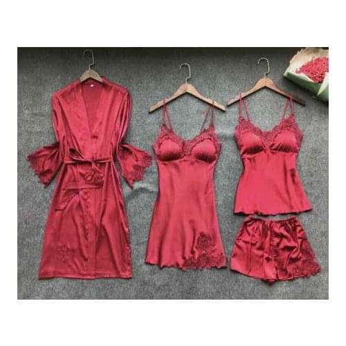 Sexy Womens Robe & Gown Sets Lace Bathrobe + Night Dress 4 Four Pieces Sleepwear Womens Sleep Set Faux Silk Robe Femme Lingerie