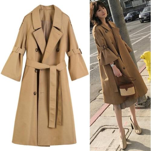 Khaki Trench Coat Elegant Slim Womens Long Outerwear Spring Autumn Flare Sleeve Windbreaker Casual