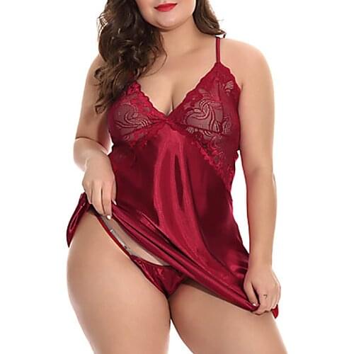 XL-6XL Sexy Women Sleep Dress With G-String Female Deep V Lingerie Set Plus Size Erotic Costumes Hollow Out Underwear Babydoll