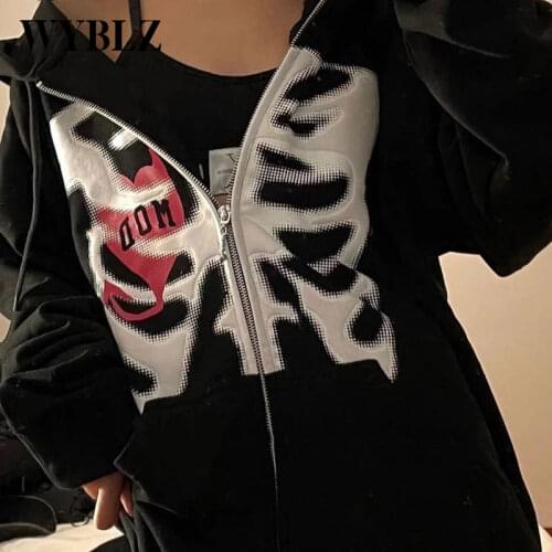 Y2K Harajuku Gothic Hoodies Korean Style Retro Loose Skull Zip-up Hooded Coat Long-sleeved Black Color Print Fashion Autumn 2021