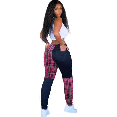 2021 Plaid Pants Womens Autumn Patchwork Trousers with Pockets Y2k Casual Skinny Button Women Pencil Pants Plus Size Streetwear