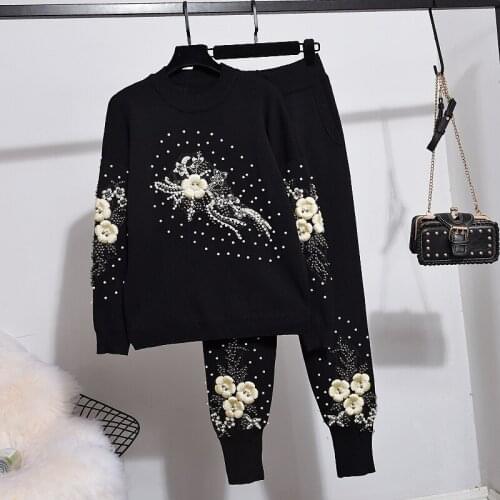 Gray Black Knitted Tracksuit Women Outfits 2pc Manual Beading Sequins Flowers Sweater Pencil Pants Set Casual Knit Suit Female