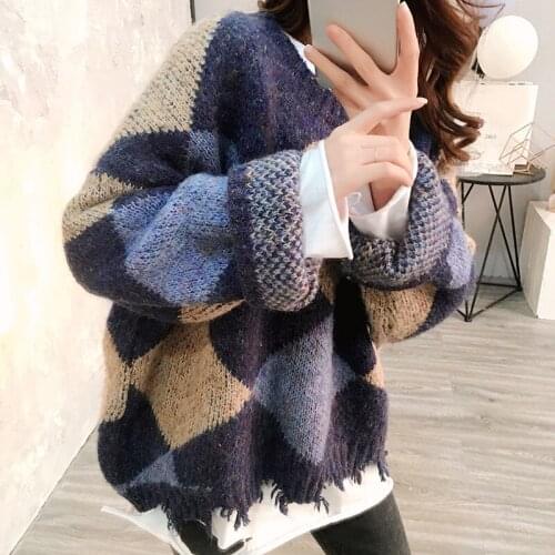 Knitted Sweater Y2K Women Patchwork Plaid Pullover Argyle Autumn Winter Casual Knitwear Ladies Long Sleeve Tassel Top Streetwear
