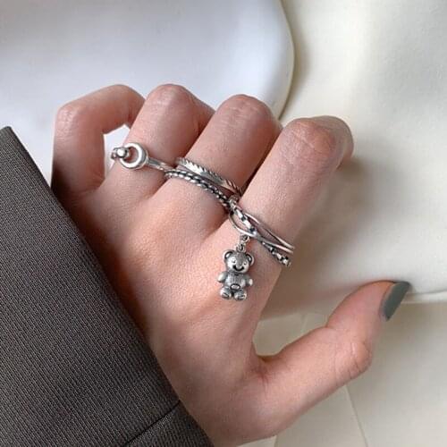 High-quality Thai Silver Color Hollow Rings for Women Bear Tassel Jewelry Handmade Opening Fashion Jewelry Couple
