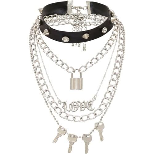 Harajuku Emo Goth Spike PU Leather Choker Necklace Women Hiphop Metal Chain Love Lock Keys Pendants Necklaces Halloween Jewelry