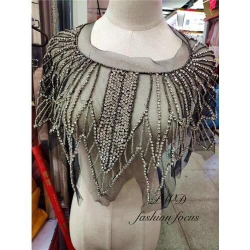 Scalloped lace trim rhinestone fringe trim for clothing beaded fringe trim lace for wedding bridal gown dress/party sewing