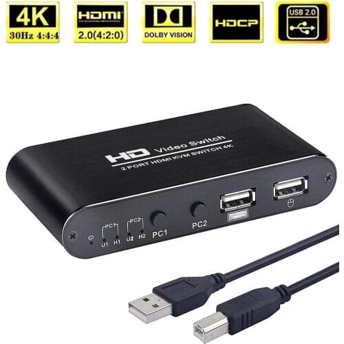2ch HDMI KVM Switcher Box, Support 4K @30Hz (YUV 4:4:4),Wireless Keyboard Mouse,One Set of Keyboard,Mouse & Display Share 2 PCs