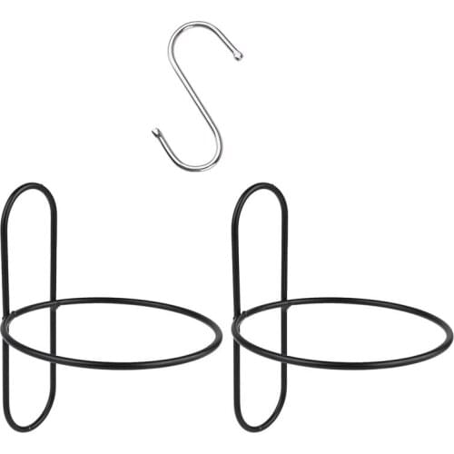 3Pcs 14x11cm Hanging Railing Flowerpot Rack Iron Potted Plants Round Rack Wall-Mounted Holder(Black 2Pcs Iron Racks 1Pc Hooks)