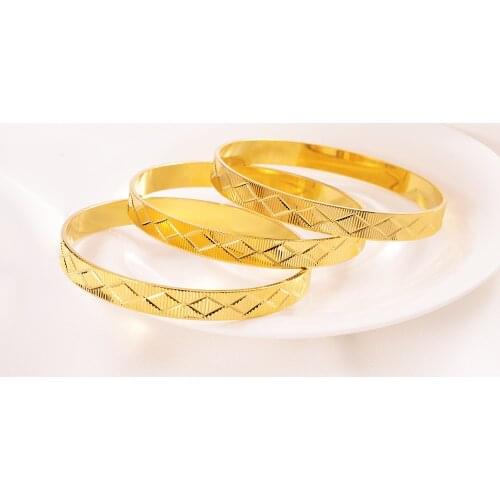3 pcs Wholesale Bangle Dual Textured Striped 24k Fine Solid Gold GF Wide Statement Bracelet Ladies Size