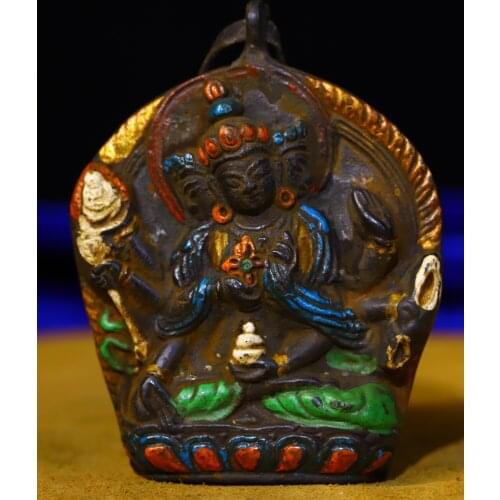 3"Tibet Buddhism Old Bronze Tracing Three heads Eight arms Guanyin Bodhisattva Statue Tag Amulet Pendant amulet Exorcism