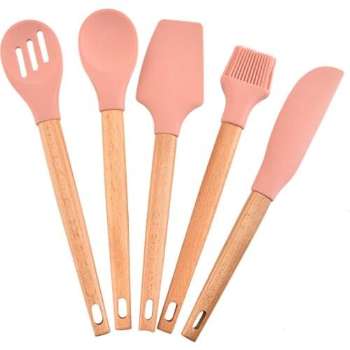 5Pcs Kitchen Utensils Set Wood Handle Kitchenware Spatula Spoon Scraper Brush BBQ Tools Silicone Baking Cooking Accessories