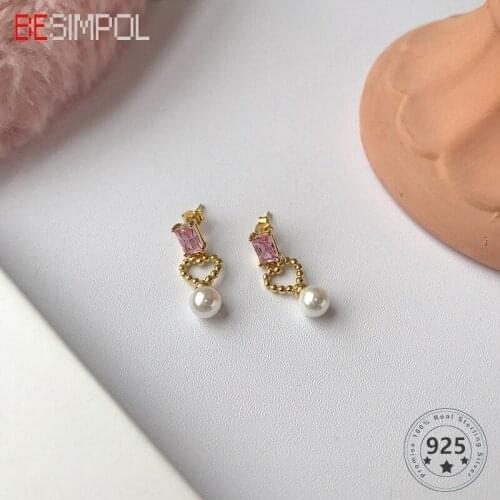 Besimpol 925 Sterling Silver Earrings Simple Pink Diamond Shell Pearl Bead Stud Earrings For Women Anti Allergy Earring Jewelry