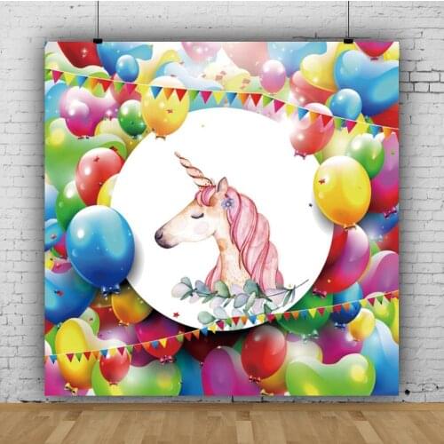 Happy Birthday Unicorn Party Rainbow Balloons Flower Golden Dots Baby Child Banner Photo Background Photography Backdrop